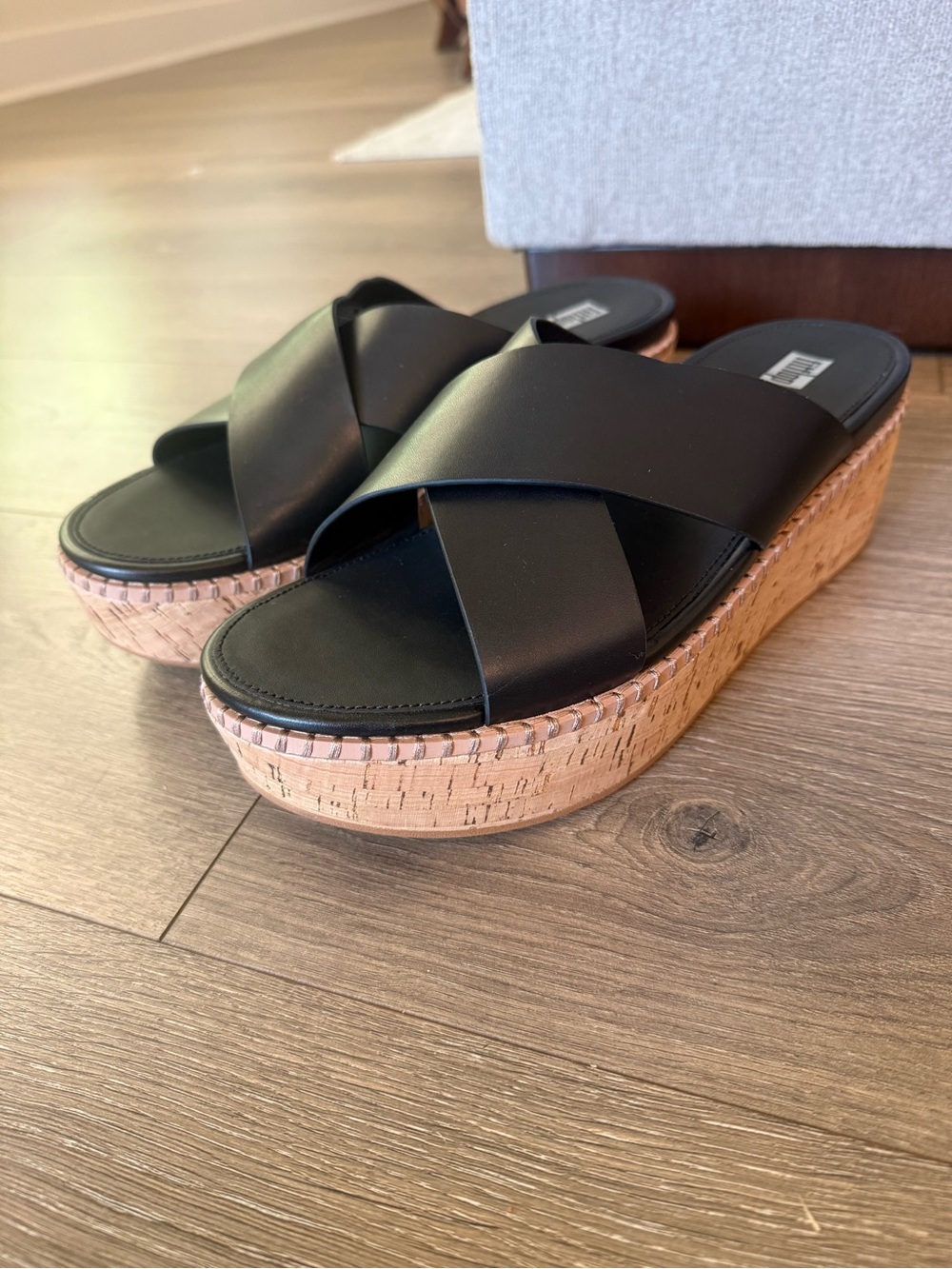 NWOT Women's Fitflop Slides Sandals Black Leather Cork Wrap Wedge Eloise Size 10